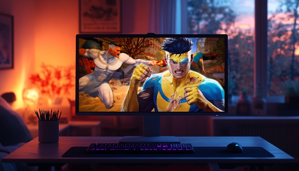 A computer screen displays Invincible VS Mark in front of Omni-man fighting