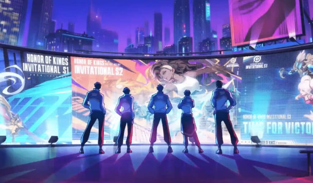 Five silhouetted figures stand confidently in front of large esports screens in a vibrant cityscape