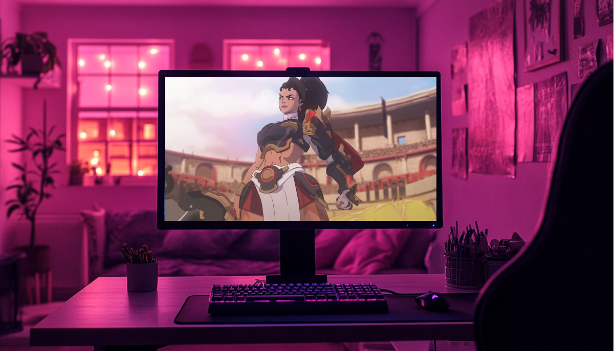 A desktop monitor displays Overwatch 2 character named Vendetta