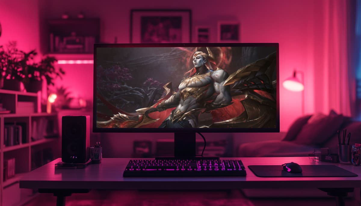 A computer monitor displays Zaahen in armor, set in a dimly lit room with pink lighting