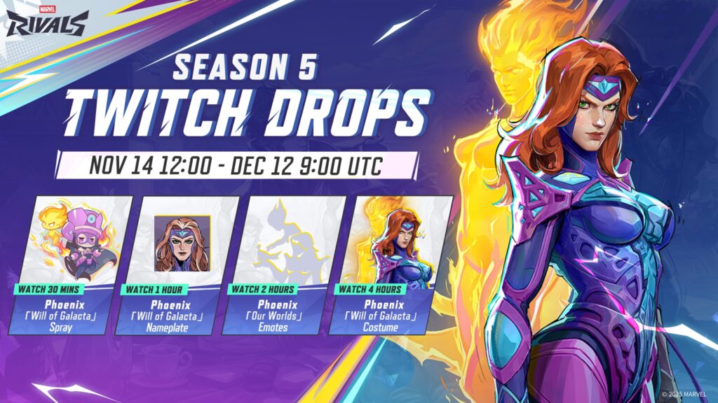 Marvel Rivals Season 5 Twitch drops annoucnement graphic featuring rewards and Will of Galacta costume for Phoenix