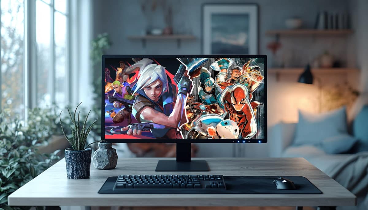 A computer monitor on a modern desk displays split image featuring VALORANT and Marvel Rivals characters