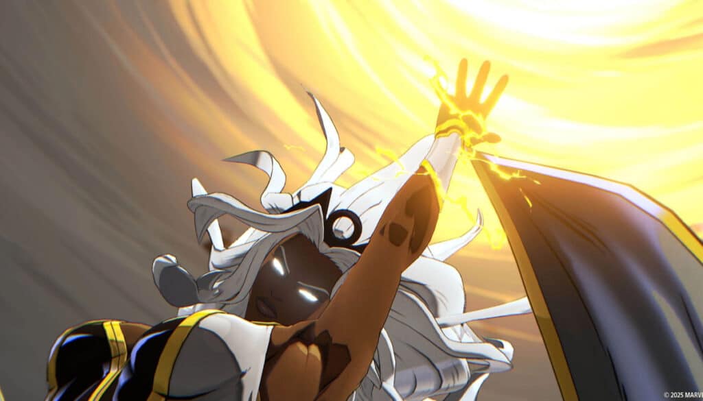 Storm channels lightning from the sky in a dramatic animation during her ultimate attack in Marvel Tōkon Fighting Souls