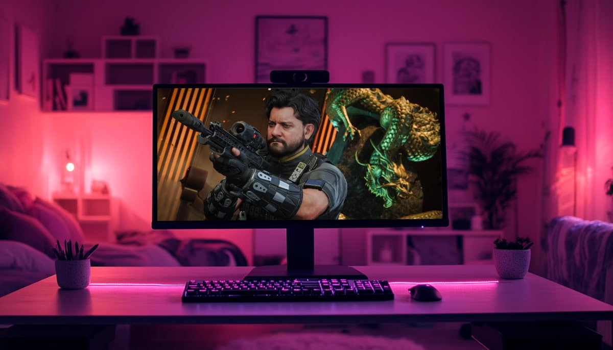 A gaming setup features a monitor showing a BO7 character aiming a weapon