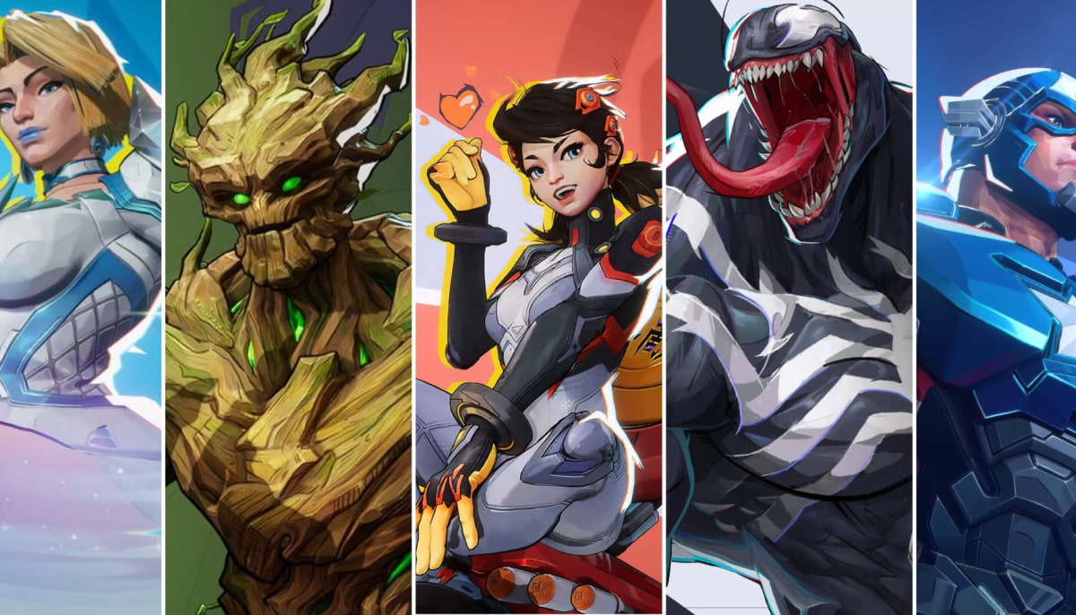 Emma Frost, Peni Parker, Groot, Venom and Captain America in a mixed collage