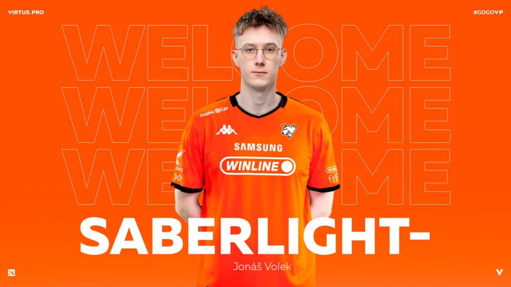 SaberLight player front-facing photo graphic for Virtus.pro Dota 2 roster announcement