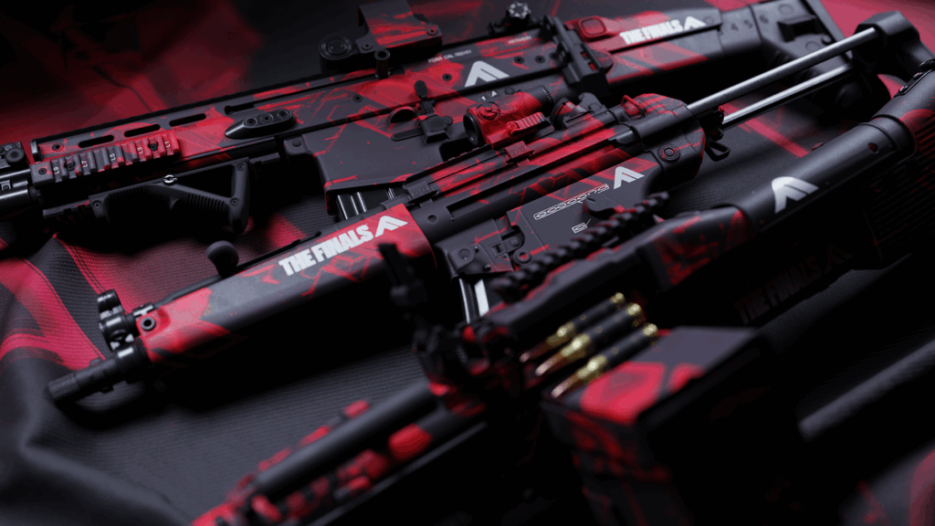 The Finals in-game red gun skins promotional graphic