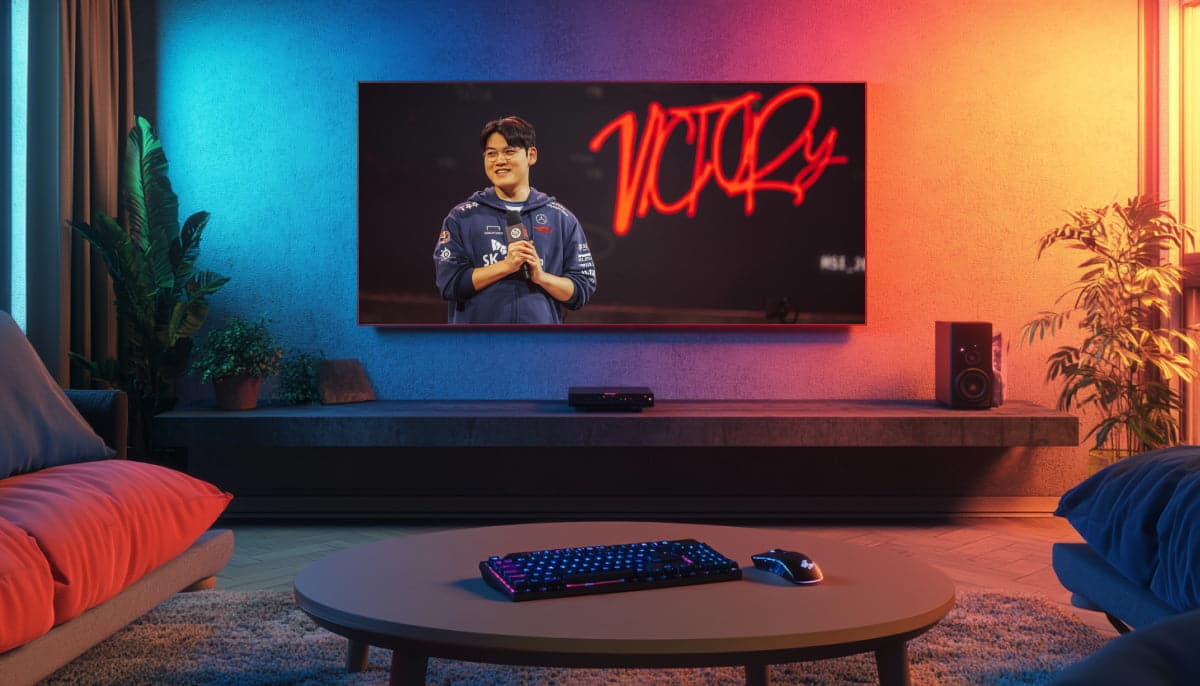 A cozy living room with glowing ambient lighting in blue and orange. A large TV displays Lee "Gumayusi" Min-hyeong