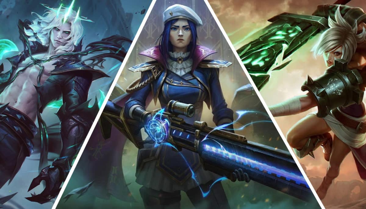 Viego, Caitlyn, and Riven from LoL in a collage