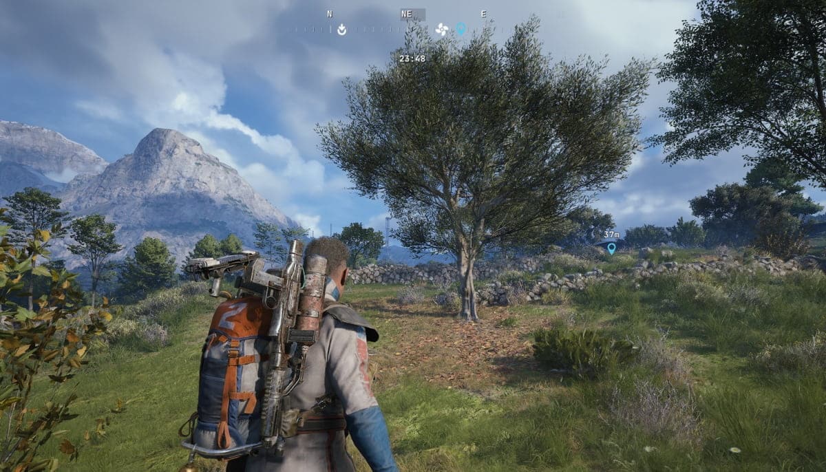 Arc Raiders character with a backpack stands in a lush, mountainous landscape, facing away