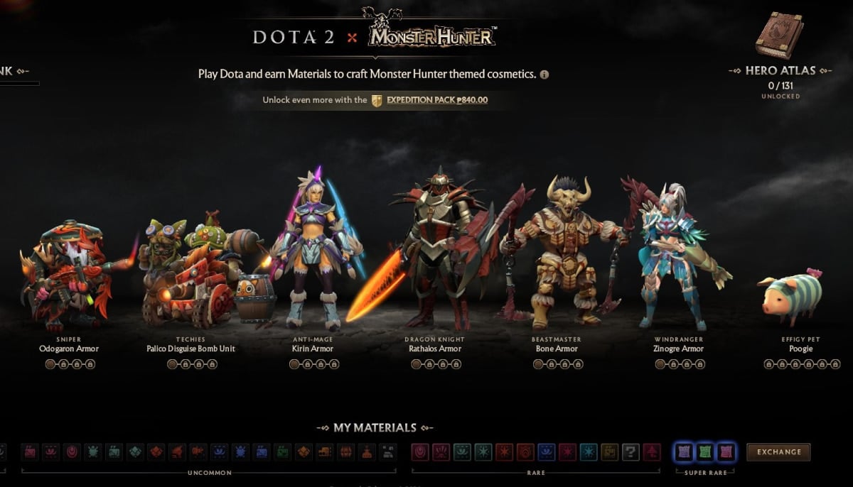 A promotional image for a "Dota 2 x Monster Hunter" collaboration. Featuring six game characters in elaborate, themed armor based on Monster Hunter