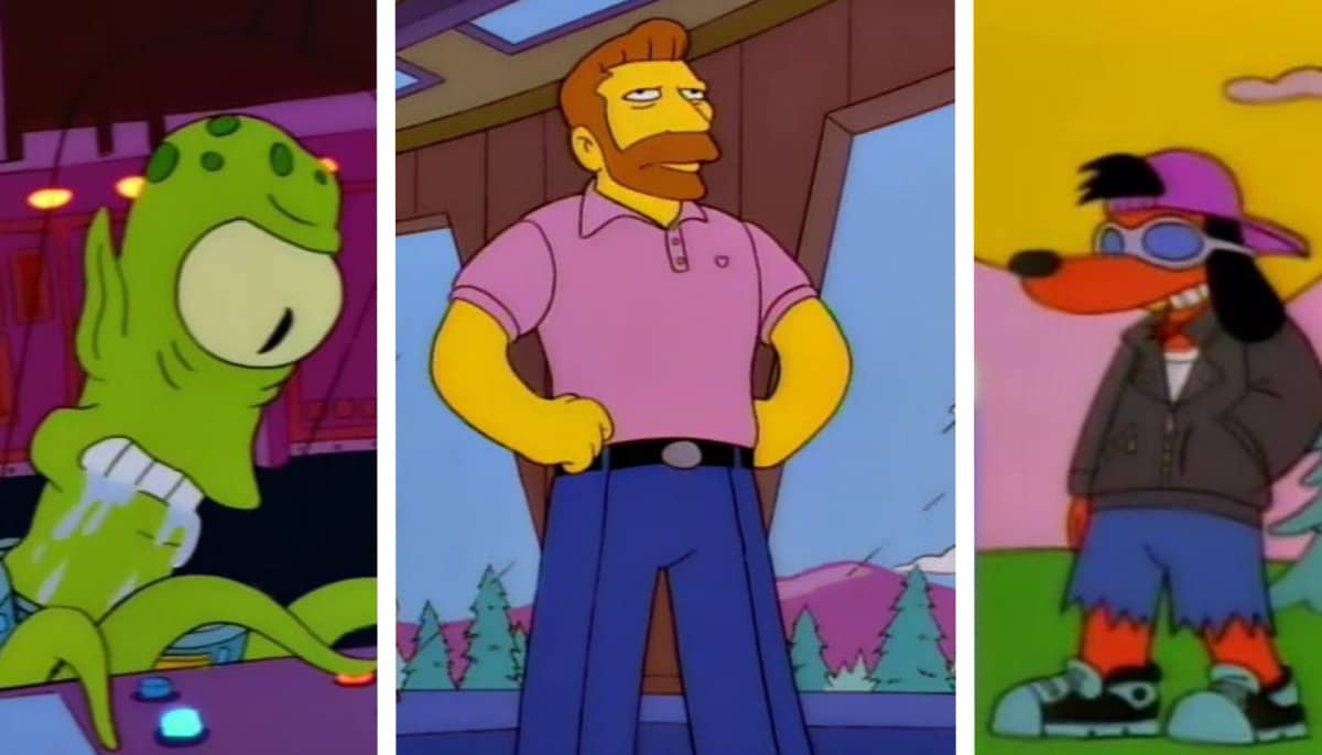 A three-panel image from "The Simpsons" shows: an alien with green skin; a man in a pink shirt confidently posing; a cartoon dog wearing a hat and sunglasses