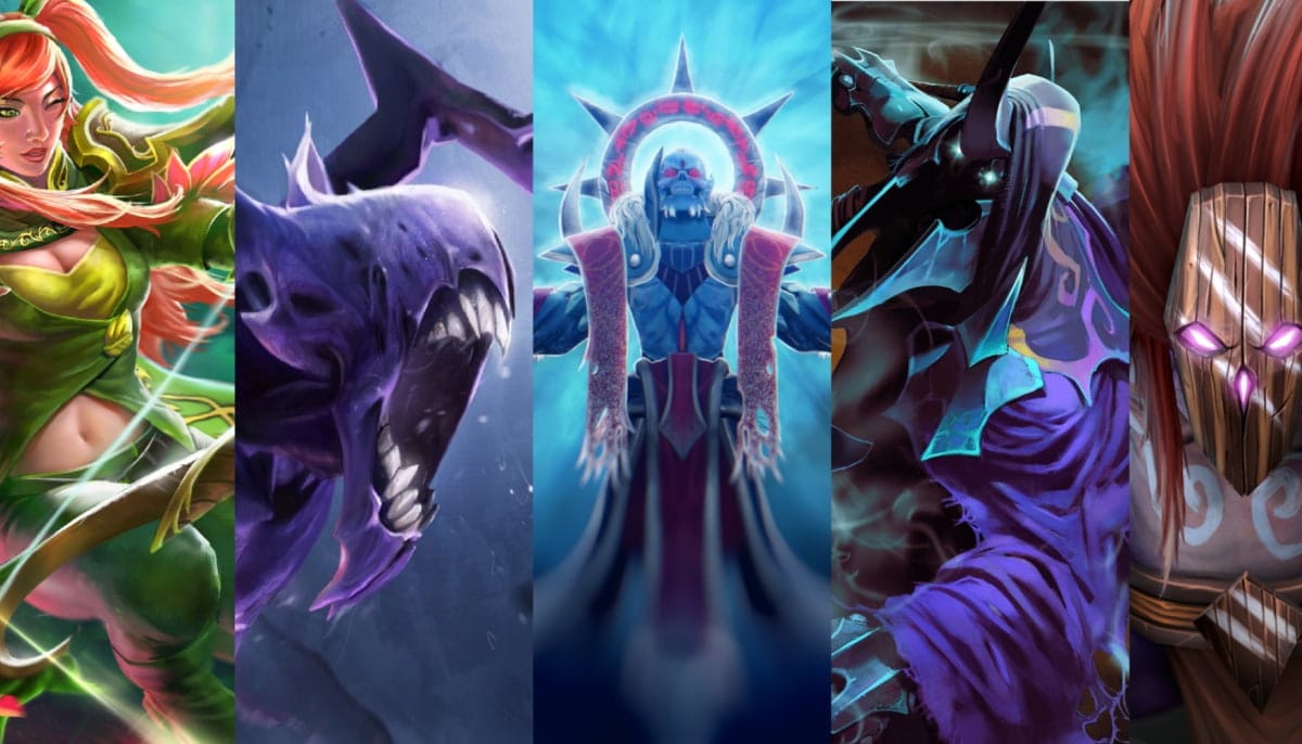 A collage of five Dota 2 characters