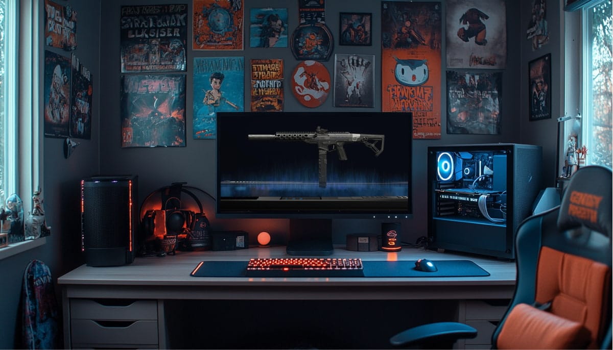 A gaming setup with a large monitor displaying a weapon from Black Ops 7