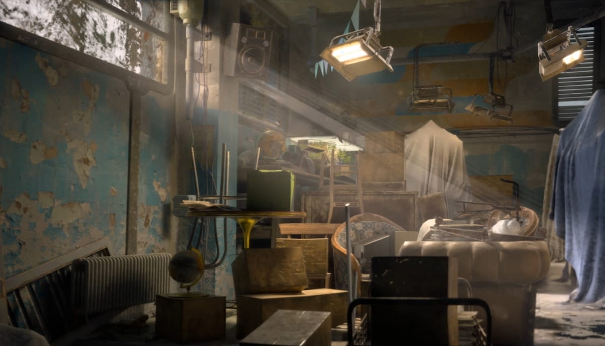 Dimly lit, cluttered room with peeling blue walls, boxes, and furniture in Arc Raiders