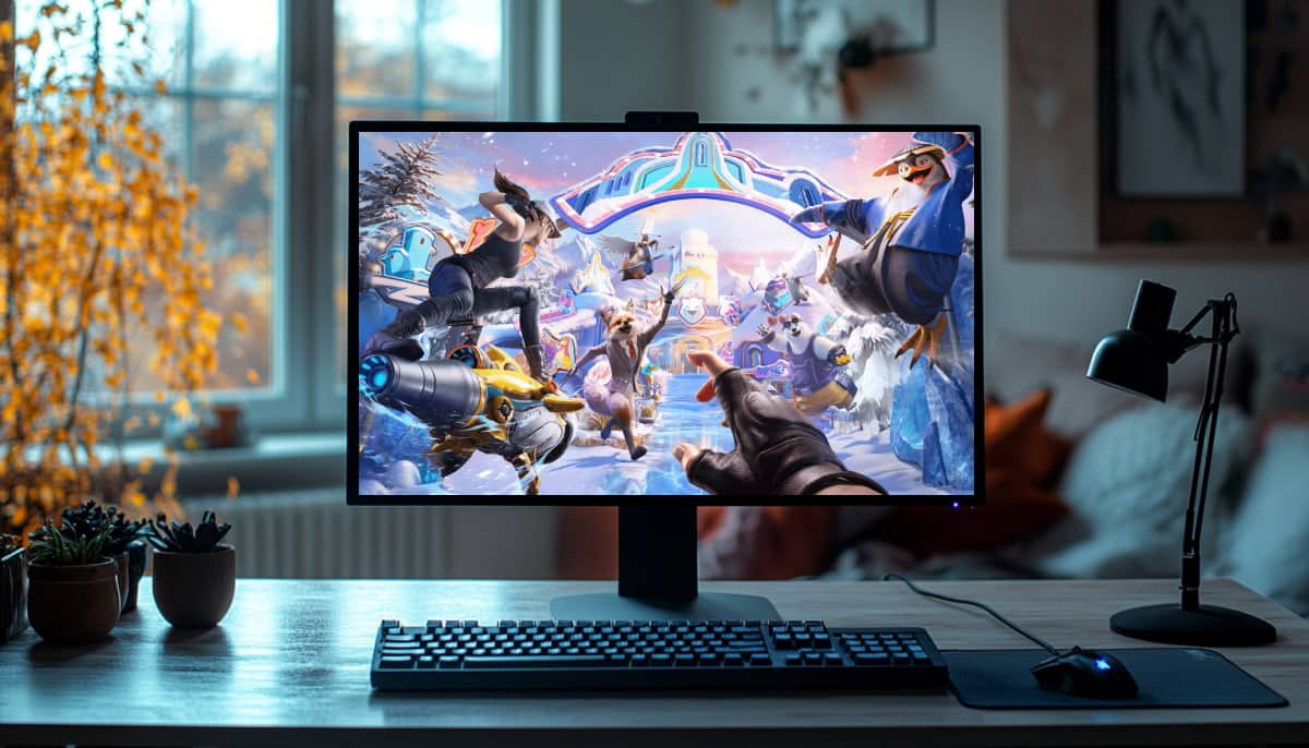 A computer monitor on a desk displays a vibrant PUBG scene with animated characters in a snowy, whimsical world