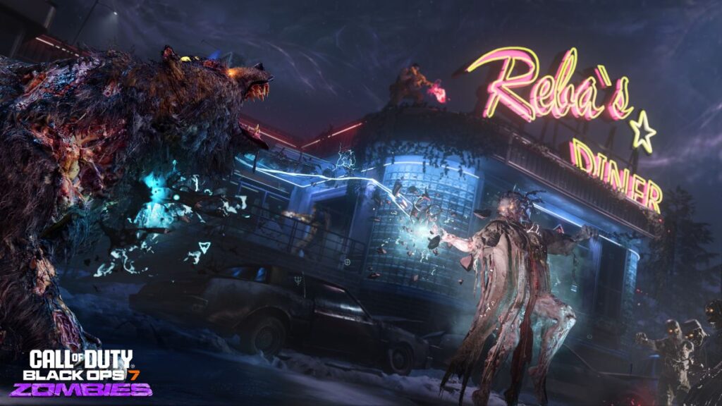 A fierce bear zombie and a robed zombie engage in battle with electric energy near an old diner at night in Black Ops 7