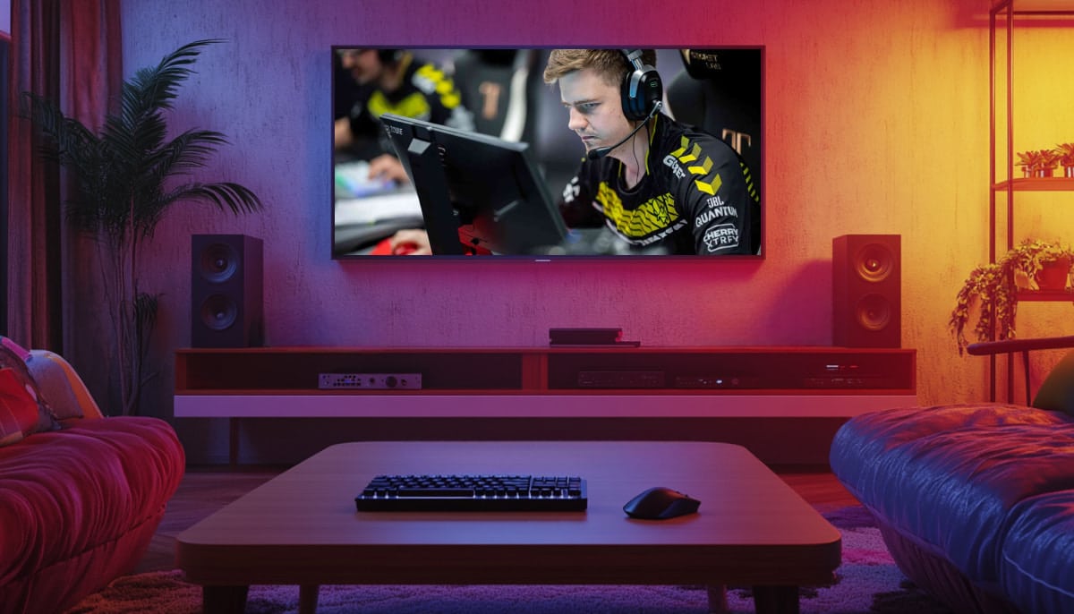 Living room with cozy lighting features a large TV on the wall showing focused Peter Rasmussen in headphones