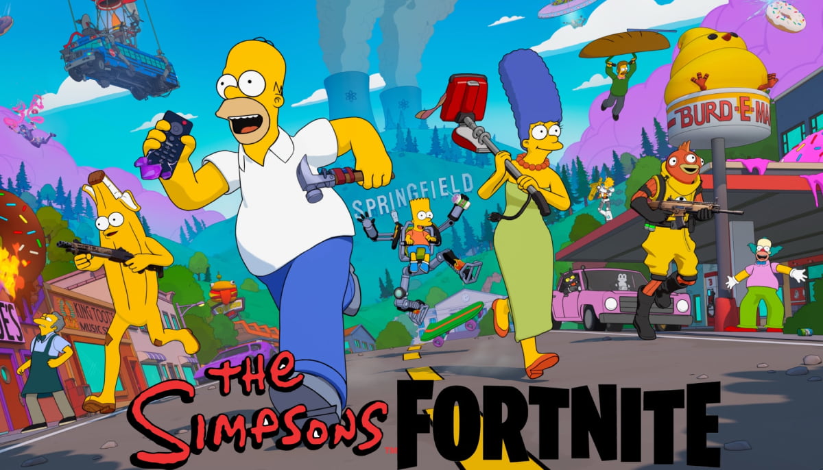 Homer, Marge, and Bart Simpson, dressed in Fortnite-style outfits, run through a vibrant Springfield