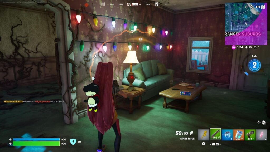 A Fortnite character with long pink hair stands in the room from Stranger Things series