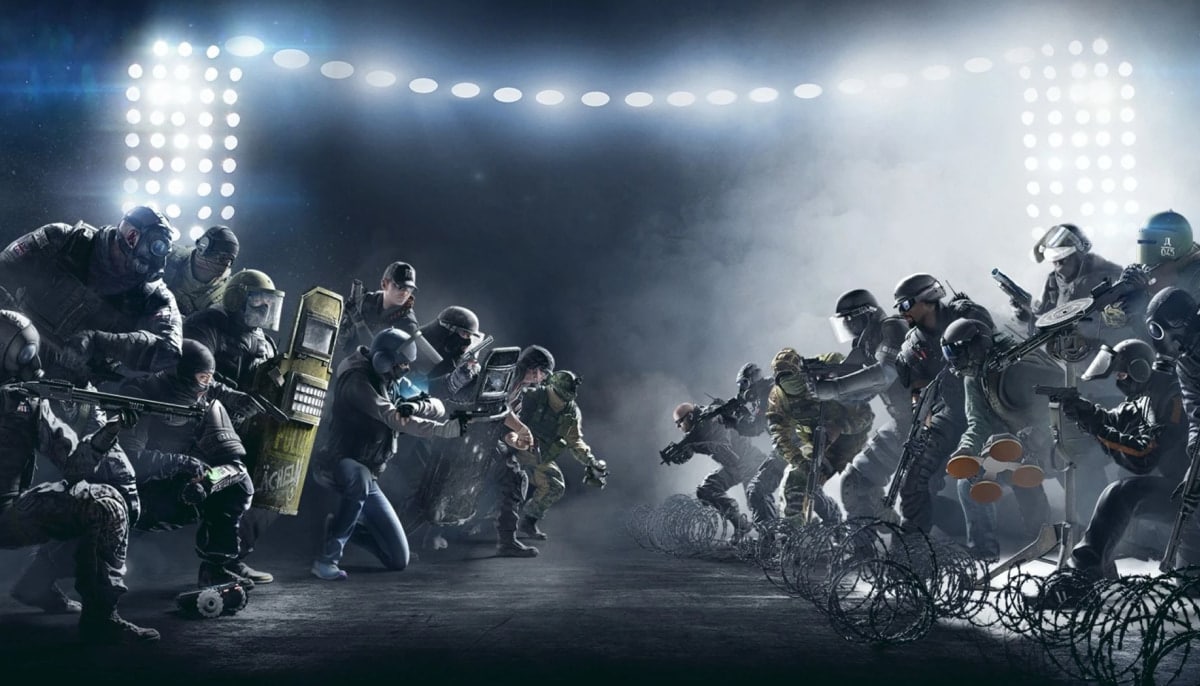 Two teams of tactical operatives face off in an intense, misty atmosphere in Rainbow Six Siege