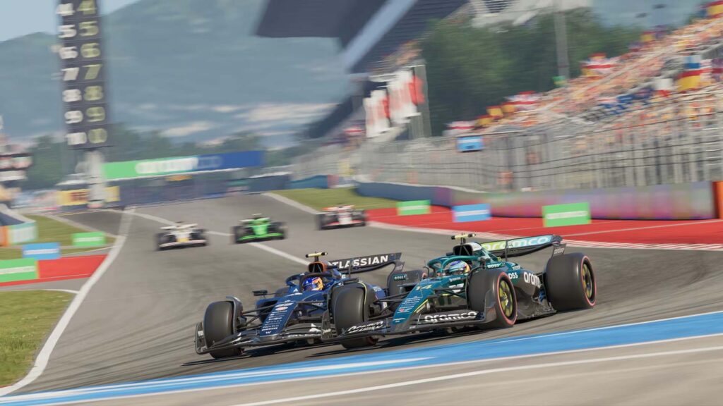 Image of F1 25 cars racing around Circuit de Catalunya. A grandstand and other F1 cars are in the background