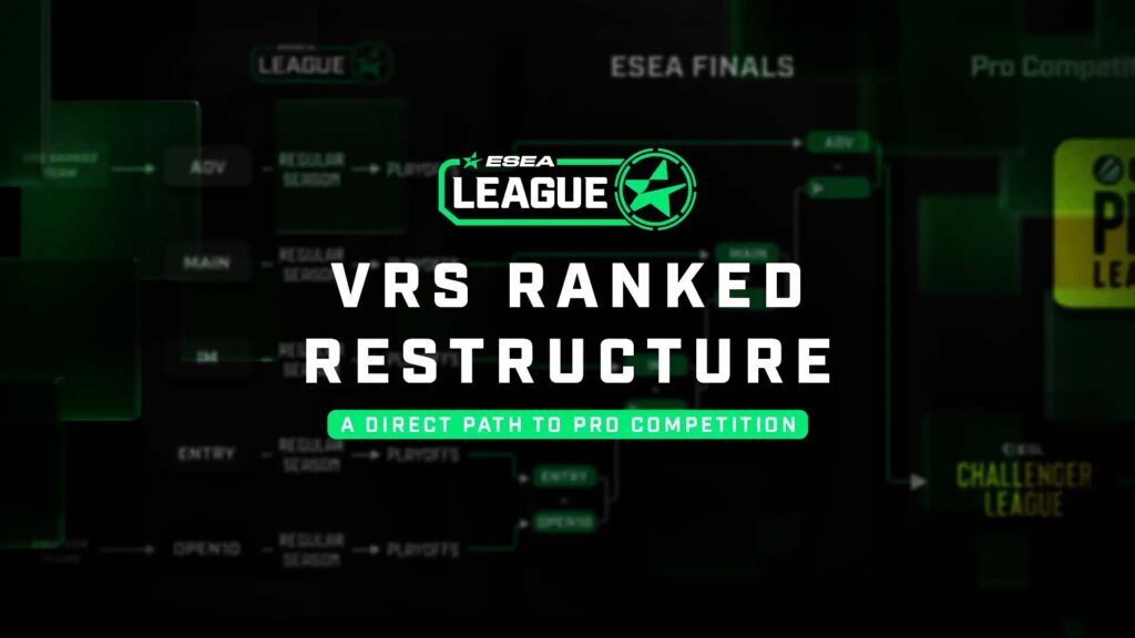 Image of ESEA League logo under white and green text on a background of n esports tournament bracket