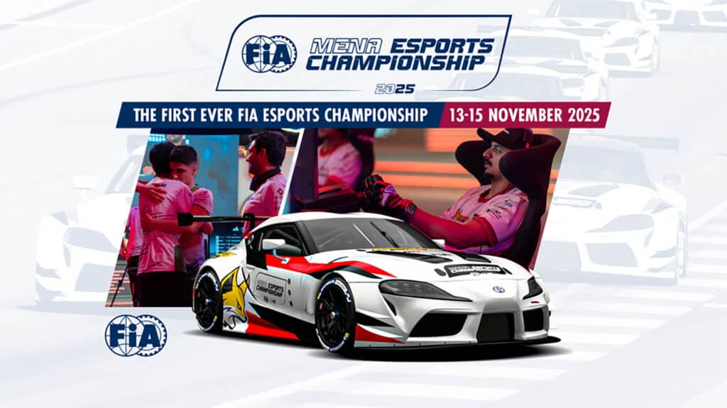 Image of sim racing drivers competing at esports event on a white background of racecars racing on a track