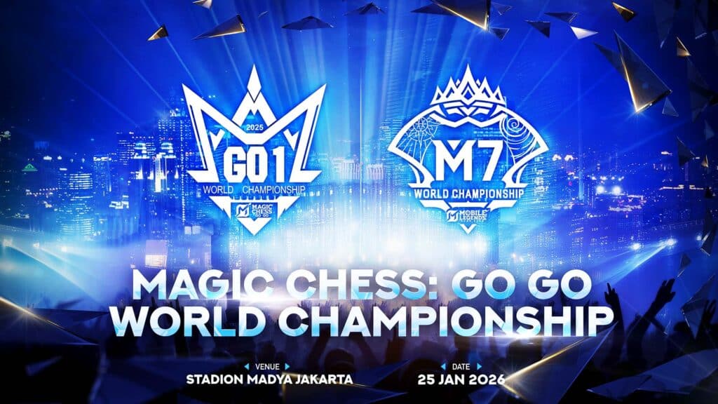 Image of Magic Chess: Go Go GO1 World Championship logo next to MLBB M7 World Championship logo on a blue and white background of a city skyline