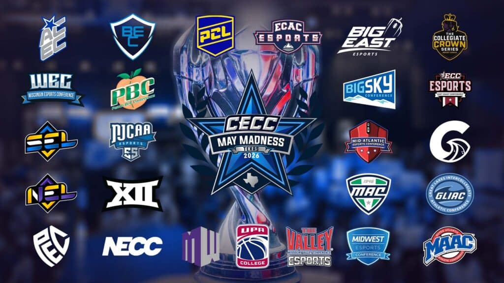 Image of CECC May Madness 2026 logo surrounded by collegiate esports team logos from across the United States