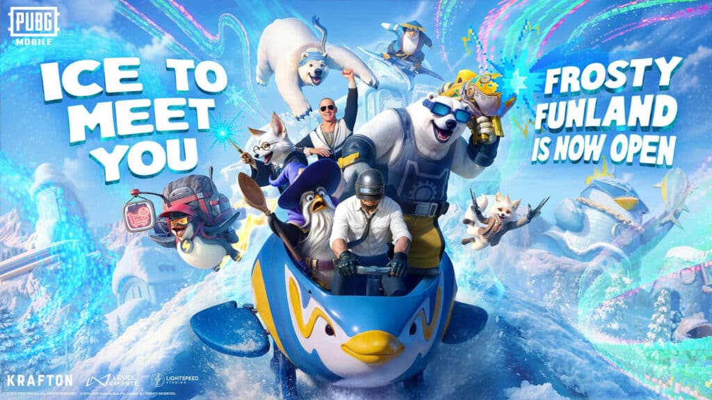 Image of PUBG Mobile Frosty Funland with players and animals riding mechanical penguin sledge