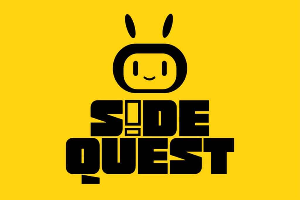 Image of black SideQuest logo on a bright yellow background