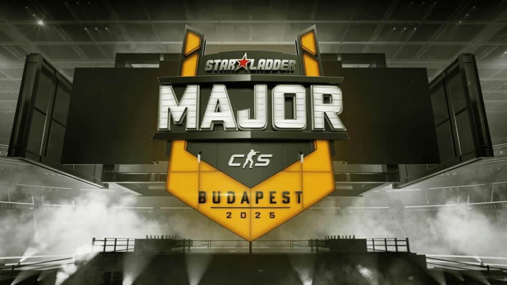 Image of StarLadder Budapest Major 2025 logo on a background of a stage inside an arena. The logo features a yellow glow around the outside.