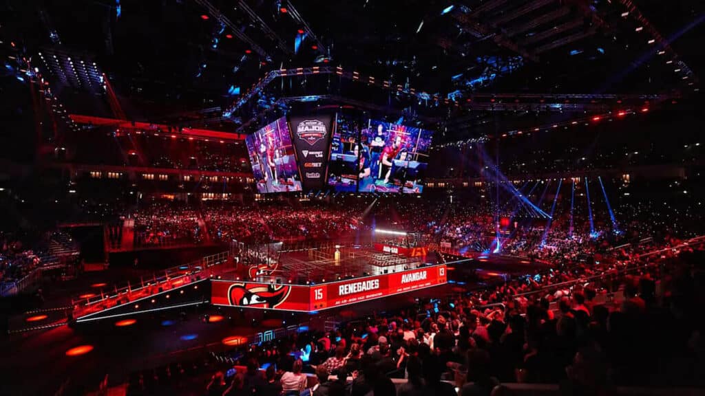 Image of StarLadder Berlin Major 2019 main stage illuminated with red lighting