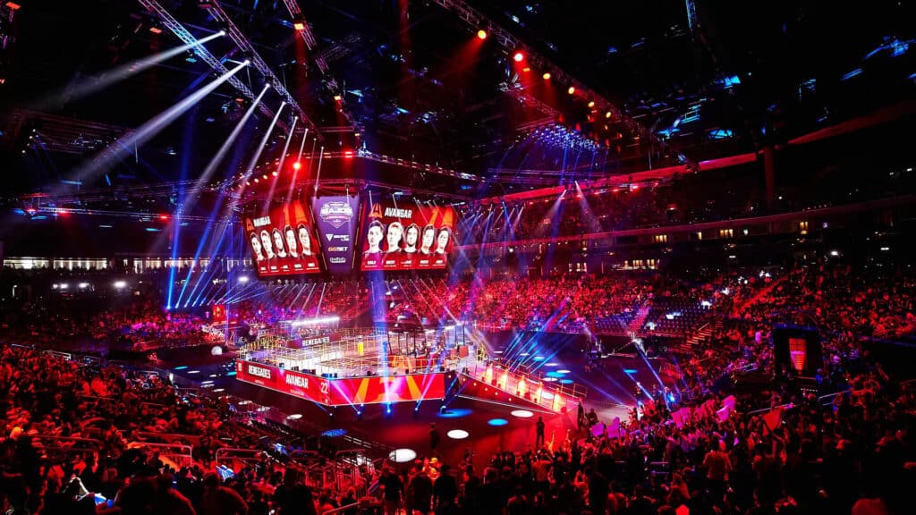 Image of StarLadder Berlin Major 2019 stage illuminated with red lighting