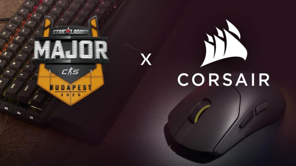 Image of StarLadder Budapest Major and Corsair logos with a keyboard and mouse in the background