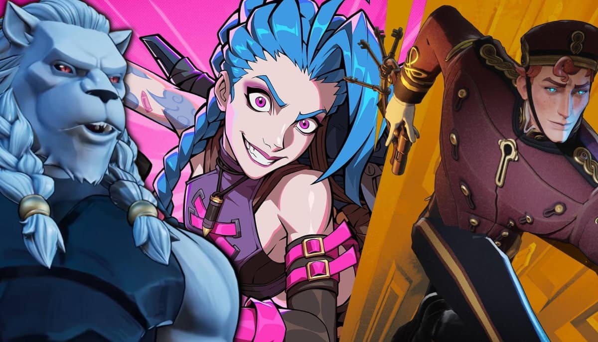 The image shows characters from two different upcoming games: Jinx from the League of Legends universe and the new character Battle Beast from Invincible VS and Doorman from the game Deadlock