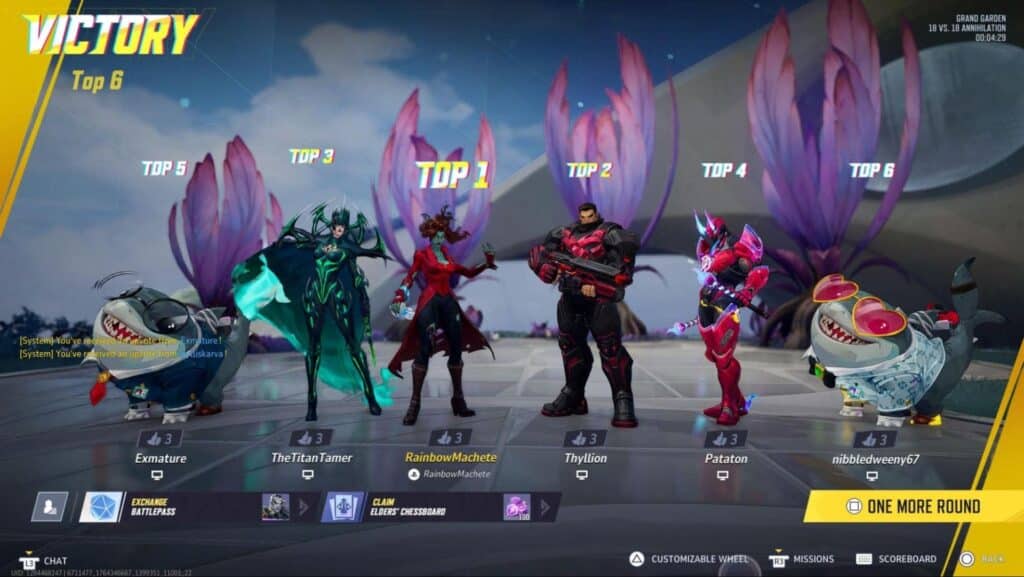 Heroes standing on the post-match victory screen in Marvel Rivals Annihilation mode