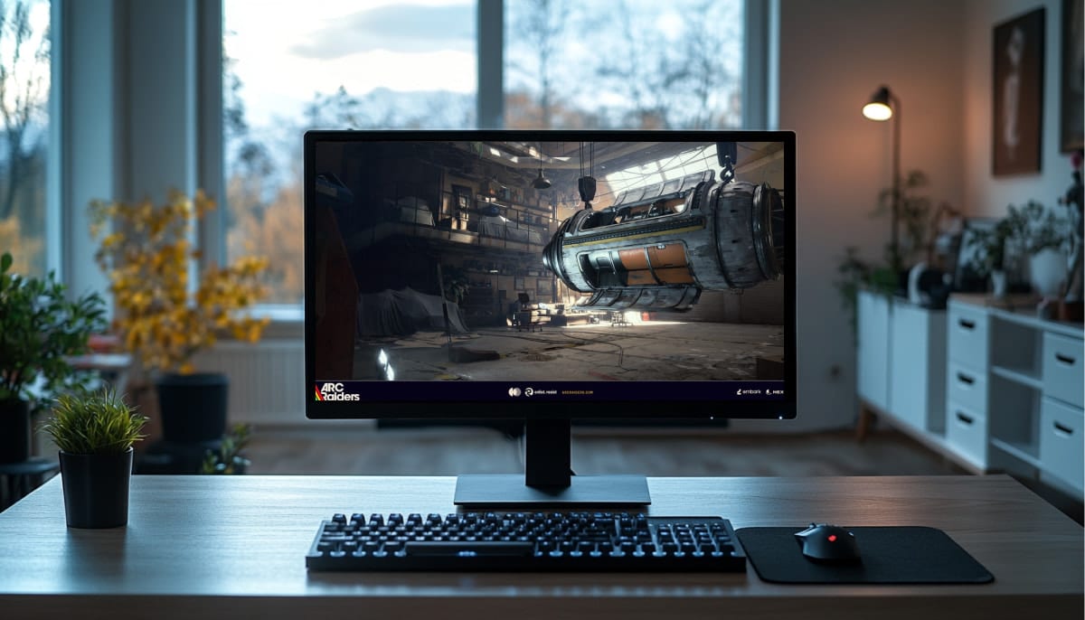 A modern desktop setup in a cozy room displays Arc Raiders game scene