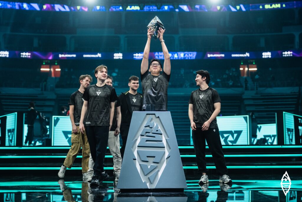 Tundra Esports hosting trophy on stage at BLAST Slam V Grand Finals in Chengdu, China
