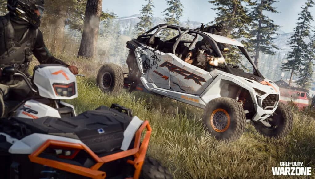 Operators riding off-road vehicles during a firefight in Call of Duty: Warzone