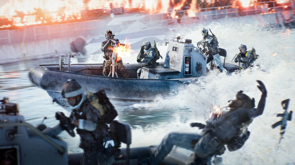 Battlefield REDSEC battle royale featuring two squads fighting on speed boats