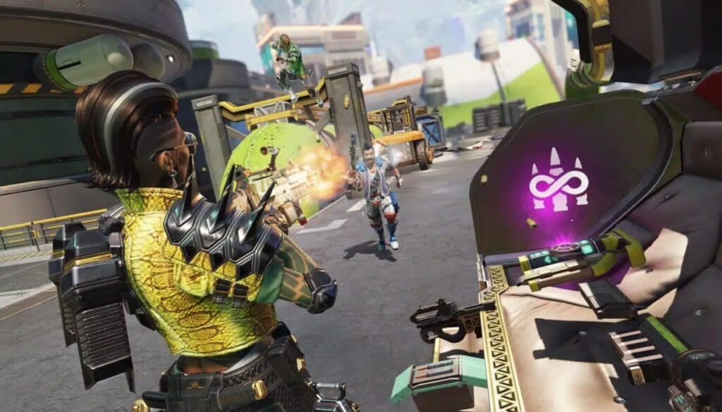 Apex Legends firefight with multiple players exchanging gunfire in an industrial arena