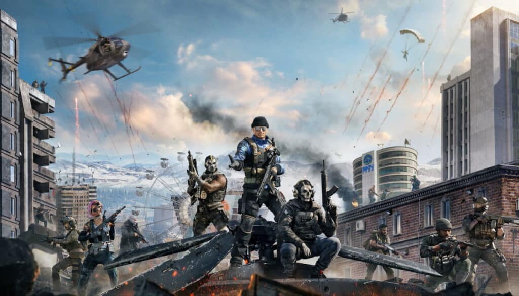 Multiple operators ready for battle amid helicopters, parachutes, and explosions in Warzone