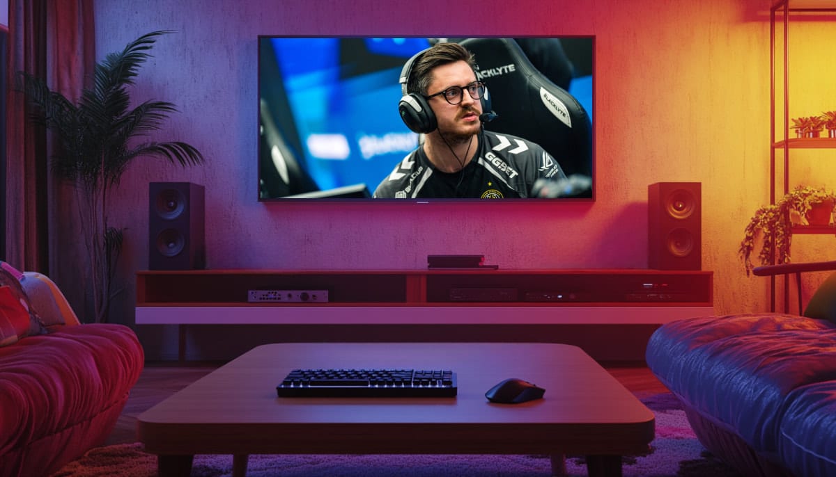A large TV set displays Dan "apEX" Madesclaire