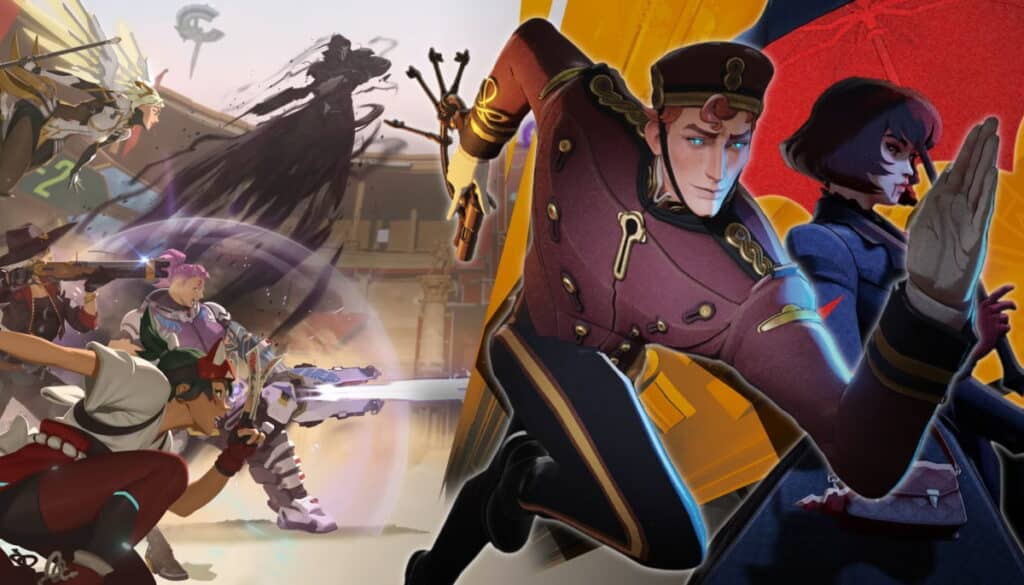 Artwork contrasting heroes from Overwatch 2 with Deadlock characters in a split-scene composition