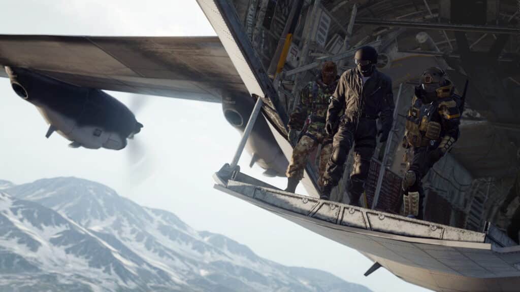 A squad standing at an aircraft ramp preparing to jump into Warzone