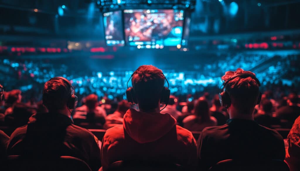 Spectators watch a live esports match on giant screens during a packed tournament event