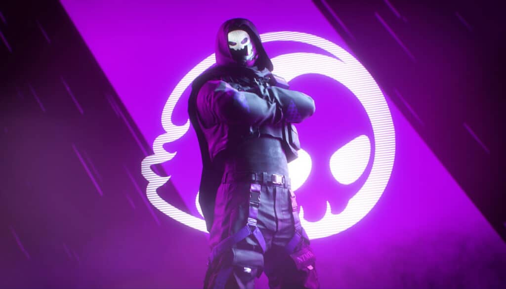 Stylized character posing before a glowing emblem in The Finals