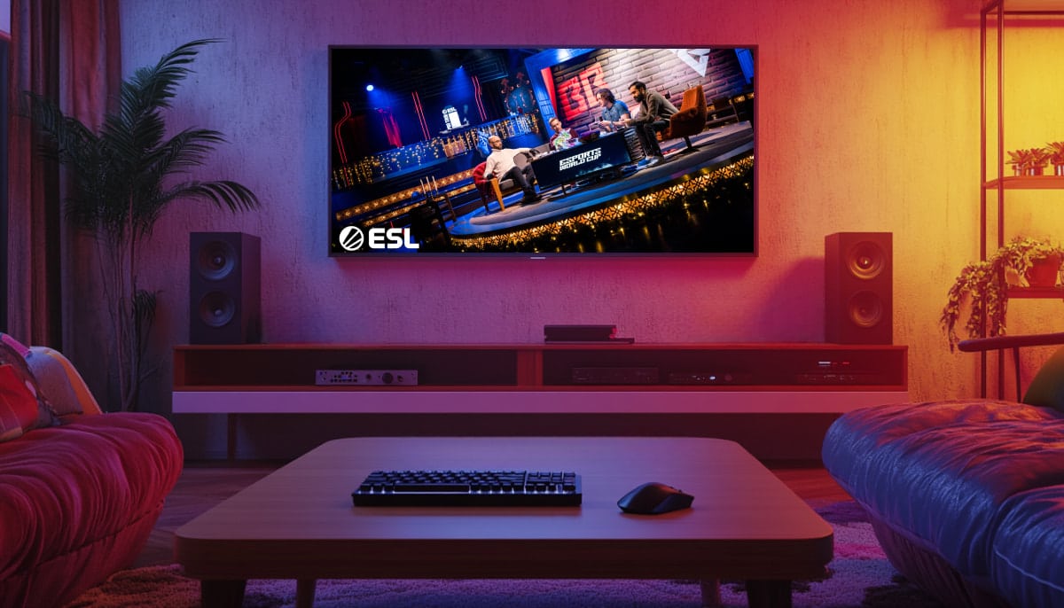 An e-sports event organized by ESL (Electronic Sports League) is being broadcast on TV
